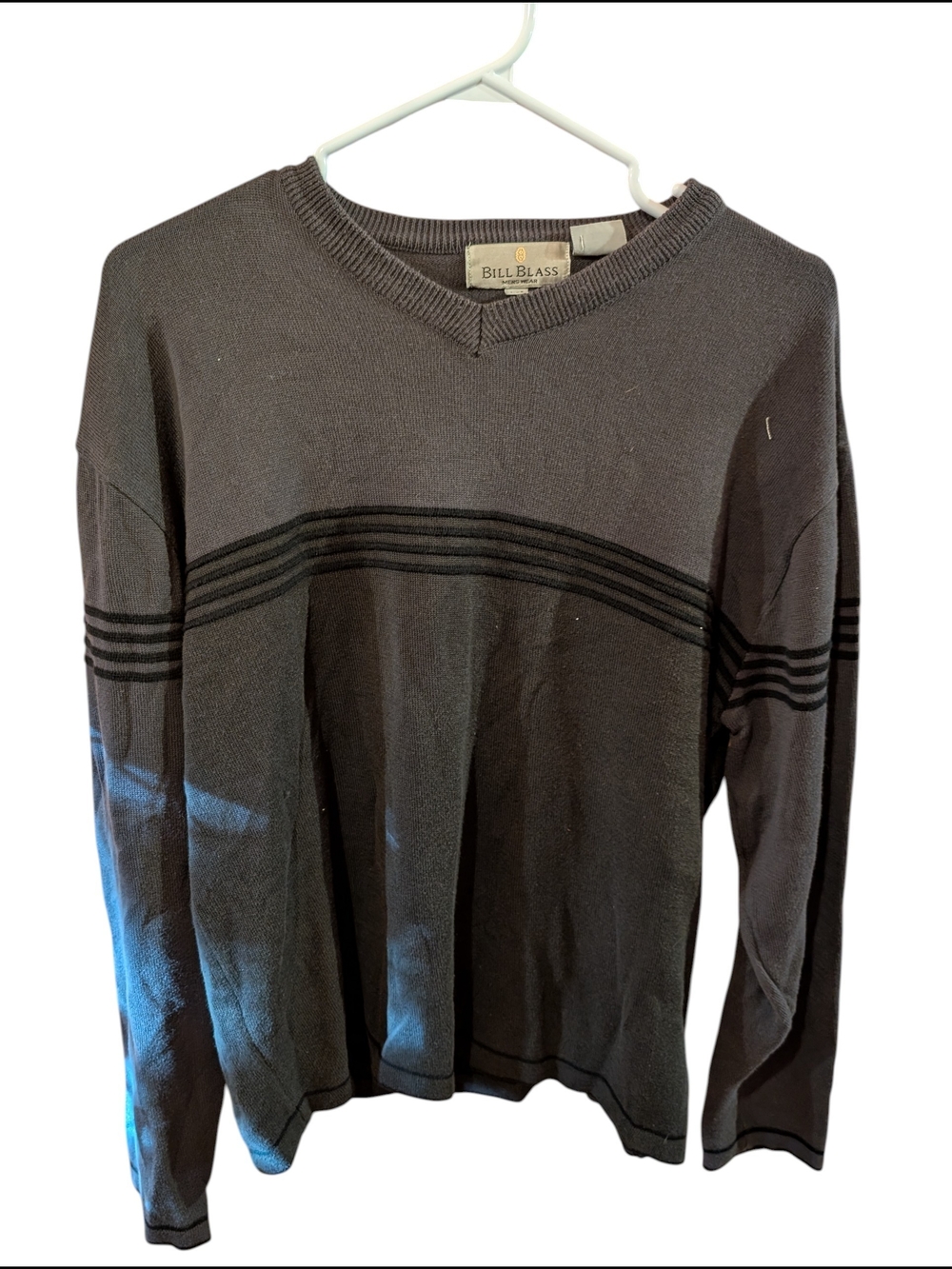 bill blass Men's Charcoal Gray Crewneck Sweater with Subtle Stripe